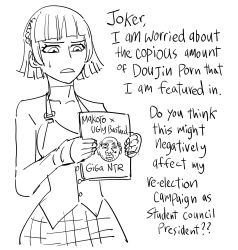 Rule 34 | 1girl, absurdres, bb (baalbuddy), book, cover, cover page, english text, greyscale, hairband, highres, holding, holding book, meta, monochrome, netorare, niijima makoto, persona, persona 5, short hair, simple background, skirt, solo, ugly man, white background
