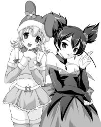 Rule 34 | 00s, 2girls, animal hat, detached collar, greyscale, hat, head tilt, kuromi, kurumi nui, map (blue catty), monochrome, multiple girls, my melody, onegai my melody, personification, rabbit hat, rabbit tail, sanrio, thighhighs