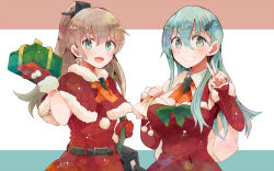 Rule 34 | 10s, 2girls, :d, alternate costume, aqua eyes, aqua hair, bag, belt, bow, breasts, brown hair, capelet, christmas, cleavage, detached collar, detached sleeves, fur trim, gift, grin, hair ornament, hairclip, holding, holding bag, holding gift, itomugi-kun, kantai collection, kumano (kancolle), large breasts, long hair, looking at viewer, mittens, multiple girls, open mouth, red mittens, santa costume, smile, suzuya (kancolle), turret, v