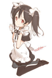 Rule 34 | 10s, 1girl, ascii media works, black hair, bow, gloves, hair bow, kneeling, legs, light smile, long legs, looking at viewer, love live!, love live! school idol project, maid, ooyari ashito, pantyhose, red eyes, simple background, solo, thighs, twintails, white background, yazawa nico