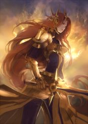 Rule 34 | 1girl, armor, artist request, bodysuit, cloud, couter, fire, gauntlets, itidonido, league of legends, leona (league of legends), lips, long hair, orange hair, pauldrons, serious, shield, shoulder armor, skin tight, skirt, solo, sword, very long hair, weapon