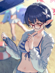 Rule 34 | 2girls, ayane (blue archive), ayane (swimsuit) (blue archive), bikini, blue archive, blue hair, blurry, blurry background, blush, braid, breasts, brown eyes, butterfly hair ornament, cleavage, clipboard, closed mouth, collarbone, crown braid, front-tie top, glasses, hair ornament, halo, halterneck, hands up, highres, holding, holding clipboard, holding pen, hoshino (blue archive), hoshino (swimsuit) (blue archive), innertube, kabu (niniko2ko), large breasts, long sleeves, multiple girls, navel, open clothes, open shirt, pen, pen to mouth, pointy ears, red-framed eyewear, shirt, shorts, solo focus, stomach, striped bikini, striped clothes, swim ring, swimsuit, two-tone bikini, upper body, white bikini, white shirt
