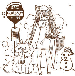 Rule 34 | 1girl, absurdres, animal, animal ears, bandaid, bandaid on knee, bandaid on leg, bruise, bus stop, circle name, dog, full body, greyscale, highres, injury, long hair, mito (go!go!king!), monochrome, no pants, original, road sign, scarf, shared clothes, shared scarf, sign, snow on head, snowing, snowman, solo, tail, trembling, umbrella, wolf ears, wolf tail