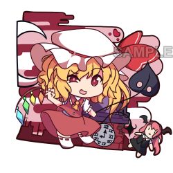 Rule 34 | 2girls, absurdres, apdownleftright, ascot, black skirt, black vest, blonde hair, chibi, clock, clock tower, closed mouth, fang, flandre scarlet, frilled shirt collar, frilled sleeves, frills, full body, hat, hat ribbon, head wings, highres, holding, holding polearm, holding weapon, koakuma, laevatein (touhou), long hair, looking at viewer, medium hair, mob cap, multicolored wings, multiple girls, necktie, no shoes, open mouth, pink hair, polearm, puffy short sleeves, puffy sleeves, red eyes, red necktie, red ribbon, red skirt, red vest, ribbon, ribbon-trimmed legwear, ribbon trim, sample watermark, shirt, short sleeves, side ponytail, skirt, skirt set, smile, socks, touhou, tower, vest, watermark, weapon, white headwear, white shirt, white socks, wings, yellow ascot