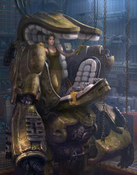 Rule 34 | artist name, box, brown hair, chain, drum (container), gloves, goggles, goggles on head, highres, indoors, kou takano, looking afar, mecha, robot, short hair, solo, standing, tank top, warehouse, winch, yellow gloves
