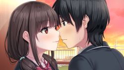 Rule 34 | 1boy, 1girl, amari mito, black eyes, black hair, black jacket, blush, bow, bowtie, brown hair, closed mouth, diagonal-striped bow, dusk, eye contact, fuyu kiss, game cg, hair over shoulder, imminent kiss, jacket, long hair, looking at another, low twintails, pink bow, pink bowtie, pink sky, portrait, red eyes, rooftop, short hair, sky, sweatdrop, takigawa issei, twintails, unasaka ryou