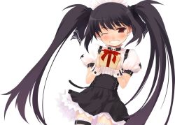 Rule 34 | 1girl, black hair, blush, bridal garter, frilled thighhighs, frills, gift, hair ribbon, hairband, holding, holding gift, kooh, long hair, official art, one eye closed, pangya, red eyes, ribbon, smile, solo, thighhighs, twintails, wink, wrist cuffs