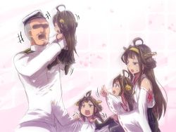 Rule 34 | 10s, 1boy, 4girls, admiral (kancolle), age difference, ahoge, brown hair, cherry blossoms, commentary request, crying, crying with eyes open, detached sleeves, family, father and daughter, hairband, japanese clothes, kantai collection, kongou (kancolle), long hair, mother and daughter, multiple girls, nontraditional miko, pleated skirt, rpg-exen, skirt, tears, aged down