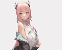 Rule 34 | 1girl, animal ear fluff, animal ears, arknights, armor, barcode, barcode tattoo, bare shoulders, black leotard, blush, breastplate, breasts, gravel (arknights), headset, highres, holding, jacket, leotard, long hair, looking at viewer, medium breasts, off shoulder, open clothes, open jacket, parted lips, pink hair, red eyes, see-through, shoulder tattoo, sin9, smile, solo, tattoo, upper body, very long hair, white leotard