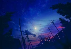 Rule 34 | blurry, blurry foreground, building, cloud, commentary request, crescent moon, depth of field, dutch angle, mocha (cotton), moon, night, night sky, no humans, original, outdoors, power lines, scenery, signature, sky, star (sky), starry sky, sunset, tree, utility pole