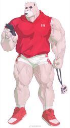 Rule 34 | 1boy, animal ears, bara, bear boy, bear ears, full body, furry, furry male, highres, holding, holding phone, huge eyebrows, jiyuanrrr, large pectorals, male focus, micro shorts, muscular, muscular male, original, pectorals, phone, short hair, shorts, sleeves rolled up, solo, standing, thick arms, thick thighs, thighs, veins, veiny arms, veiny thighs