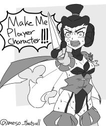 Rule 34 | 1girl, beatrix (skullgirls), braid, braided bun, cape, cowboy shot, detached collar, folded ponytail, garter straps, gloves, greyscale, hair bun, highres, holding, holding weapon, juliet sleeves, knife, leotard, long sleeves, monochrome, open mouth, puffy sleeves, shouting, skullgirls, solo, speech bubble, sweatdrop, tears, thighhighs, weapon