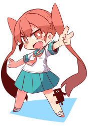 Rule 34 | 1girl, :d, blue sailor collar, blue skirt, blush, brown eyes, brown hair, brown neckwear, chibi, commentary request, fang, full body, hair between eyes, long hair, looking at viewer, naga u, open mouth, outstretched arms, pleated skirt, sailor collar, school uniform, serafuku, shadow, shirt, shoes, short sleeves, skirt, smile, solo, spread arms, twintails, ueno-san wa bukiyou, ueno (ueno-san wa bukiyou), uwabaki, v, v-shaped eyebrows, very long hair, white background, white footwear, white shirt