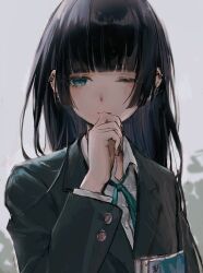 Rule 34 | 1girl, black hair, black jacket, blazer, blunt bangs, bocchi the rock!, closed mouth, collared shirt, commentary request, dress shirt, earrings, green eyes, grey background, half-closed eye, hand up, highres, jacket, jewelry, light smile, long hair, long sleeves, looking at viewer, pa-san, school uniform, shirt, simple background, solo, tentsuu (tentwo), white shirt