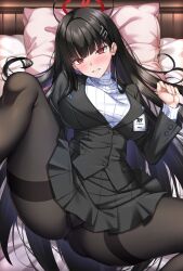 Rule 34 | 1girl, ass, black hair, black jacket, black pantyhose, black skirt, black suit, blue archive, blush, formal, hair ornament, hairclip, halo, highres, jacket, long hair, long sleeves, lying, on back, pantyhose, pillow, pleated skirt, red eyes, rio (blue archive), shirokuma a, skirt, solo, spread legs, suit, sweater, thighband pantyhose, turtleneck, turtleneck sweater
