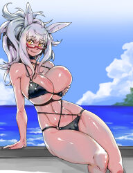 Rule 34 | 1girl, absurdres, against wall, alternate costume, alternate hairstyle, animal ears, arm support, biwa hayahide (umamusume), blue sky, breasts, cleavage, cloud, cloudy sky, commentary request, cowboy shot, criss-cross halter, day, grey hair, halterneck, hand on own chest, highres, horse ears, horse girl, horse tail, large breasts, long hair, minew, navel, ocean, outdoors, ponytail, red-framed eyewear, semi-rimless eyewear, sky, solo, tail, umamusume, water, yellow eyes