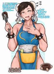 Rule 34 | 1girl, apron, artist name, breasts, brown eyes, brown hair, bun cover, capcom, chocolate, chocolate on face, chun-li, collar, collarbone, cowboy shot, dated, double bun, earrings, english text, flying sweatdrops, food, food on face, hair bun, hershuar, jewelry, large breasts, naked apron, solo, spiked collar, spikes, spoon, street fighter, street fighter ii (series), sweatdrop, whisk
