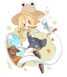 Rule 34 | 1girl, aida (aidia), architecture, autumn leaves, black footwear, blonde hair, blue skirt, blue vest, brown hat, building, east asian architecture, full body, hair ribbon, hat, highres, leaf, lily pad, long hair, long sleeves, looking at viewer, mishaguji, moriya suwako, open mouth, outstretched arms, red eyes, red ribbon, ribbon, ribbon-trimmed sleeves, ribbon trim, shirt, shoes, skirt, smile, snake, solo, sparkle, spread arms, thighhighs, touhou, tree, vest, white shirt, white snake, white thighhighs, wide sleeves