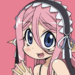 Rule 34 | 1girl, :d, blue eyes, blush, chibi, fins, head fins, long hair, looking at viewer, lowres, maid headdress, mermaid, meroune lorelei, misopetha-menos, monster girl, monster musume no iru nichijou, namiuchigiwa no muromi-san, open mouth, own hands together, parody, pink background, pink hair, pink theme, portrait, simple background, smile, solo, style parody, webbed hands
