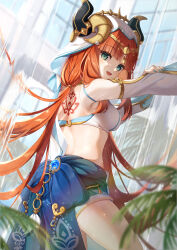 Rule 34 | 1girl, absurdres, aqua eyes, back tattoo, blue gemstone, blue skirt, blurry, breasts, circlet, commentary, cowboy shot, crop top, dancer, depth of field, detached sleeves, fake horns, fern, from behind, gem, genshin impact, gold trim, harem outfit, highres, horns, jewelry, koki (latte1023), long hair, long sleeves, looking at viewer, medium breasts, midriff, nilou (genshin impact), puffy long sleeves, puffy sleeves, red hair, sidelocks, skirt, solo, tattoo, twintails, veil, very long hair, vision (genshin impact), white headwear, white veil