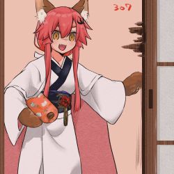 Rule 34 | 1girl, animal ear fluff, animal ears, animal hands, animal print, carrot print, cat paws, cat print, commentary request, fabric, fang, fate/grand order, fate (series), food print, fox ears, fox girl, hair between eyes, holding, japanese clothes, kimono, long hair, long sleeves, miss crane (fate), mycn18neo, obijime, open door, open mouth, pink hair, sidelocks, solo, tamamo (fate), tamamo cat (fate), tongue, white kimono, wide sleeves, yellow eyes