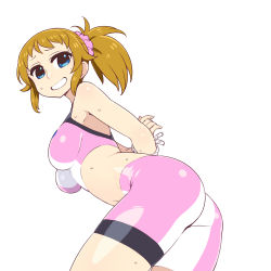 Rule 34 | 10s, 1girl, arms behind back, ass, bare shoulders, bdsm, bike shorts, blue eyes, blush, bondage, bound, bound arms, breasts, brown hair, chan co, cowboy shot, from behind, gundam, gundam build fighters, gundam build fighters try, hoshino fumina, large breasts, long hair, looking back, midriff, navel, ponytail, rope, scrunchie, smile, solo, sports bra, sweat, two-tone sports bra