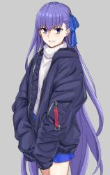 Rule 34 | 1girl, alternate costume, bad id, bad twitter id, blue eyes, casual, ear piercing, fate/extra, fate/extra ccc, fate (series), grey background, grin, hair ribbon, jacket, long hair, looking at viewer, meltryllis (fate), michihasu, piercing, purple hair, ribbon, simple background, skirt, sleeves past wrists, smile, solo, sweater, very long hair