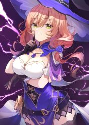 Rule 34 | 1girl, black gloves, breasts, brown hair, capelet, cleavage, corset, dress, electricity, flower, genshin impact, gloves, green eyes, hair between eyes, hair flower, hair ornament, hat, hat belt, index finger raised, jewelry, large breasts, lisa (genshin impact), long hair, looking at viewer, mimihachi, multicolored clothes, multicolored dress, purple capelet, purple corset, purple dress, purple flower, purple hat, purple rose, rose, smile, solo, thighs, witch, witch hat