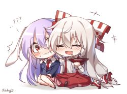 Rule 34 | 2girls, ?, ??, animal ears, artist name, bad id, bad pixiv id, black footwear, blazer, blush, bow, chibi, closed mouth, collared shirt, cup, drunk, closed eyes, fujiwara no mokou, hair bow, holding, holding cup, holding person, imperishable night, jacket, long hair, looking at another, multiple girls, necktie, ofuda, open mouth, pants, pink skirt, pudding (skymint 028), purple hair, rabbit ears, red bow, red eyes, red neckwear, red pants, reisen udongein inaba, sakazuki, shirt, signature, silver hair, simple background, sitting, skirt, suspenders, sweat, touhou, white background, white shirt