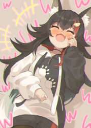 Rule 34 | 1girl, absurdres, animal ears, bankamba, black hair, closed eyes, highres, hololive, jacket, laughing, long hair, long sleeves, multicolored hair, ookami mio, ookami mio (casual), open mouth, red hair, shorts, solo, streaked hair, tail, twintails, very long hair, virtual youtuber, wolf ears, wolf girl