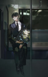 Rule 34 | 1boy, absurdres, black footwear, black hair, black pants, blurry, blurry foreground, bouquet, chinese commentary, choker, closed eyes, collared shirt, commentary request, earrings, flower, formal, highres, holding, holding bouquet, jewelry, male focus, necktie, open mouth, original, pants, red necktie, shirt, short hair, sitting, sleeping, solo, soungruan mian mao, subway, suit, white flower, white shirt, zzz