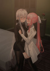 Rule 34 | 2girls, after kiss, ahoge, bed, black bow, black legwear, black shorts, black sweater, blush, bow, breasts, brown eyes, chihuri, collared shirt, commentary request, ear piercing, earrings, eye contact, feet out of frame, flower, grey eyes, grey hair, grey shirt, hair between eyes, hair bow, highres, indoors, jacket, jewelry, pantyhose under shorts, long hair, looking at another, medium breasts, military jacket, multiple girls, open clothes, open jacket, original, pantyhose, parted lips, piercing, pink hair, ponytail, profile, red flower, red rose, ribbed sweater, rose, saliva, saliva trail, shirt, short shorts, shorts, skirt, stud earrings, sweater, thighhighs, thighhighs pull, vase, very long hair, white flower, white jacket, white skirt, wooden floor, yana (chihuri), yuri, zoya petrovna vecheslova