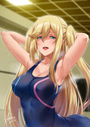 Rule 34 | 1girl, armpits, arms up, bare arms, bare shoulders, blonde hair, blue eyes, blurry, blurry background, breasts, character request, cleavage, copyright request, darkmaya, half-closed eyes, indoors, large breasts, long hair, looking at viewer, open mouth, sleeveless, solo, steaming body, swimsuit, twintails, upper body, wet
