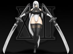 Rule 34 | 1girl, alternate hairstyle, bare shoulders, breasts, cleavage cutout, clothing cutout, covered eyes, dual wielding, female focus, fighting stance, gloves, highres, holding, katana, large breasts, long hair, mole, nier:automata, nier (series), pale skin, solo, swimsuit, sword, thick thighs, thighhighs, thighs, turtleneck, very long hair, walking, weapon, white hair, 2b (nier:automata)