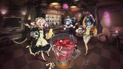Rule 34 | 4girls, apron, armchair, ashtray, avery (skullgirls), bar (place), bar stool, blender (object), blood, bloody marie (skullgirls), blue hair, blue nails, blue skin, blush, bonesaw, bottle, chair, colored sclera, colored skin, crossover, crying, disembodied head, drawer, drawing (object), dress, egg beater, fins, fish girl, frilled apron, frilled dress, frills, full body, george the bomb, grey hair, gun, highres, holding, holding paper, indoors, ju-coffee-break, kaku seiga, krieg (skullgirls), lamp, leviathan (skullgirls), looking at another, maid headdress, microphone, microphone stand, minette (skullgirls), ms. fortune (skullgirls), multiple girls, necktie, neon lights, open mouth, pantyhose, paper, plant, ponytail, potted plant, red eyes, rifle, robo-fortune, sagan (skullgirls), saw, sekhmet (skullgirls), shell hair ornament, skullgirls, standing, stool, table, thighhighs, tile floor, tiles, touhou, tray, twintails, vice-versa (skullgirls), weapon, whisk, yellow sclera