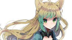 Rule 34 | 1girl, :o, atalanta (fate), bad id, bad pixiv id, blonde hair, blunt bangs, blush, fate/grand order, fate (series), floating hair, gradient hair, green eyes, green hair, ikeuchi tanuma, long hair, looking at viewer, multicolored hair, parted lips, portrait, simple background, white background