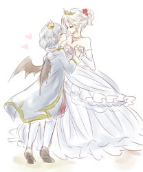 Rule 34 | 2girls, alternate costume, alternate hairstyle, bare shoulders, bat wings, bell line gown, blue hair, braid, bride, couple, crown, dress, elbow gloves, closed eyes, gloves, gown, hair ornament, holding hands, heart, height difference, imminent kiss, interlocked fingers, izayoi sakuya, jewelry, kiss, maru usagi, multiple girls, necklace, pointy ears, ponytail, remilia scarlet, short hair, short ponytail, silver hair, strapless, strapless dress, tiara, tiptoes, touhou, wedding dress, white gloves, wings, yuri