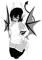 Rule 34 | 1girl, annoyed, black hair, black sclera, black tail, black thighhighs, black wings, colored sclera, demon girl, demon horns, demon tail, demon wings, dress, elbow gloves, flat chest, gloves, greyscale, highres, horns, kneeling, legs together, looking at viewer, monochrome, pointy ears, seizaverus, shinrabanshou, short hair, sleeveless, sleeveless dress, tail, thighhighs, thighs, white dress, white eyes, white footwear, white gloves, white horns, wings, zyugoya