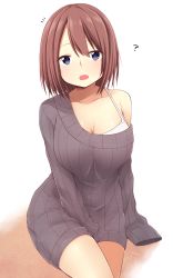 Rule 34 | 1girl, ?, bare shoulders, blue eyes, blush, breasts, brown hair, cleavage, covering privates, covering crotch, curvy, dress, female focus, highres, hoshimiya aki, large breasts, looking at viewer, off shoulder, open mouth, original, ribbed sweater, short hair, sleeves past wrists, solo, sweater, sweater dress, wide hips