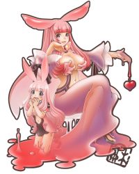 Rule 34 | 2girls, animal ears, blush stickers, breasts, cleavage, heart, kazu (pixiv8325), large breasts, long hair, looking at viewer, melona (queen&#039;s blade), monster, monster girl, multiple girls, navel, pink hair, queen&#039;s blade, rabbit ears, slime girl