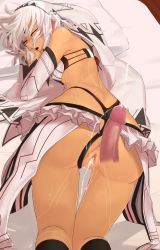 Rule 34 | 10s, 1girl, all fours, altera (fate), ass, bare shoulders, closed eyes, cum, cum in pussy, cumdrip, dark-skinned female, dark skin, detached sleeves, fate/extella, fate/extra, fate/grand order, fate (series), has bad revision, has censored revision, highleg, i-pan, looking back, midriff, nail polish, penis, short hair, solo, tattoo, uncensored, veil, white hair