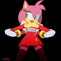 Rule 34 | 1girl, amy rose, animal ears, animal nose, arm wrap, artist name, averting eyes, bare shoulders, black background, black thighhighs, body fur, breasts, buttons, clenched hands, dress, female focus, flashing, furry, furry female, gloves, green eyes, hairband, half-closed eyes, hands up, happy, heart, heart-shaped pupils, jaggy lines, legs apart, looking to the side, medium breasts, nipples, no bra, no lineart, oekaki, open clothes, open dress, open mouth, pink fur, pink hair, red dress, red hairband, rockthebull, short dress, short hair, sidelocks, signature, simple background, smile, solo, sonic (series), sonic boom (series), standing, symbol-shaped pupils, teeth, thighhighs, thighs, white gloves, zettai ryouiki