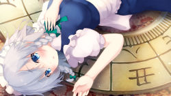 Rule 34 | 1girl, blue eyes, braid, commentary request, gengetsu chihiro, hair between eyes, highres, izayoi sakuya, looking at viewer, lying, maid, maid headdress, parted lips, short hair, silver hair, solo, touhou, twin braids