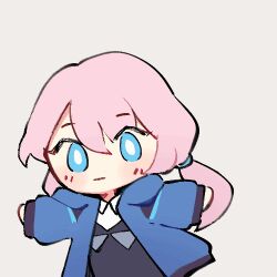 Rule 34 | 1girl, animated, animated gif, blue eyes, blue jacket, blue poison (arknights), blush, bright pupils, chibi, expressionless, jacket, long sleeves, looping animation, lowres, outstretched arms, pink hair, ruri (dailybloopy), simple background, solo, spread arms, twintails, upper body, white background, white pupils