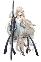 Rule 34 | 1girl, absurdly long hair, absurdres, bare arms, bare shoulders, brown choker, brown footwear, choker, collarbone, copyright request, dress, fixro2n, frilled dress, frills, full body, grin, hair between eyes, highres, holding, holding sword, holding weapon, light brown hair, long hair, looking at viewer, official art, red eyes, sandals, simple background, sleeveless, sleeveless dress, smile, solo, sword, very long hair, weapon, white background, white dress