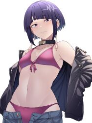 Rule 34 | 1girl, animal collar, audio jack, bikini, blue pants, blush, boku no hero academia, breasts, cleavage, closed mouth, clothes pull, collar, commentary, denim, embarrassed, front-tie bikini top, front-tie top, hands in pockets, highres, jacket, jirou kyouka, kobaji, leather, leather jacket, long earlobes, looking at viewer, navel, pants, pants pull, purple bikini, purple eyes, purple hair, purple pants, short hair, sidelocks, simple background, small breasts, solo, stomach, swimsuit, undressing, white background