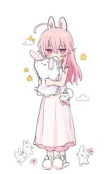 Rule 34 | 1girl, ahoge, animal ears, animal slippers, bare arms, bare shoulders, bunny slippers, child, crescent, dress, fake animal ears, hair between eyes, highres, hugging object, long hair, mimi (shiodome oji), original, pillow, pillow hug, pink eyes, pink hair, rabbit ears, shiodome oji, simple background, sleeveless, sleeveless dress, slippers, solo, star (symbol), very long hair, white background, white dress, white footwear