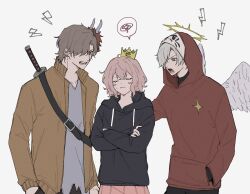 1girl 2boys arisakaaa_(crazy_raccoon) black_hoodie blue_eyes brown_hair closed_eyes closed_mouth commentary_request crazy_raccoon crossed_arms crossed_bangs crown daruma_is_god drawstring feathered_wings grey_hair hair_between_eyes hair_over_one_eye halo hand_in_pocket highres hood hood_up hoodie indie_utaite jacket kusa_mo_chi lightning_bolt_symbol long_sleeves looking_at_another mask mask_on_head mini_crown multiple_boys nqrse one_eye_covered open_clothes open_jacket open_mouth orange_jacket parted_bangs pink_hair pink_skirt pleated_skirt red_hoodie shirt short_hair simple_background skirt speech_bubble spoken_squiggle squiggle sweatdrop sword teeth torn_clothes torn_shirt upper_body utaite v-shaped_eyebrows weapon weapon_on_back white_background white_wings wings yellow_eyes