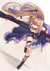 Rule 34 | 1girl, absurdres, armlet, bent over, black footwear, black shorts, blonde hair, bracelet, braid, breasts, cleavage, floating hair, hair ornament, highres, holding, jewelry, long hair, looking at viewer, mizuiro raika, original, red eyes, running, short shorts, shorts, small breasts, solo, thigh strap, very long hair
