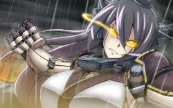Rule 34 | 10s, 1girl, black hair, glowing, glowing eyes, h-new, headgear, highres, joints, kantai collection, legendary pictures, mechanization, nagato (kancolle), pacific rim, punching, rain, robot, robot joints, yellow eyes
